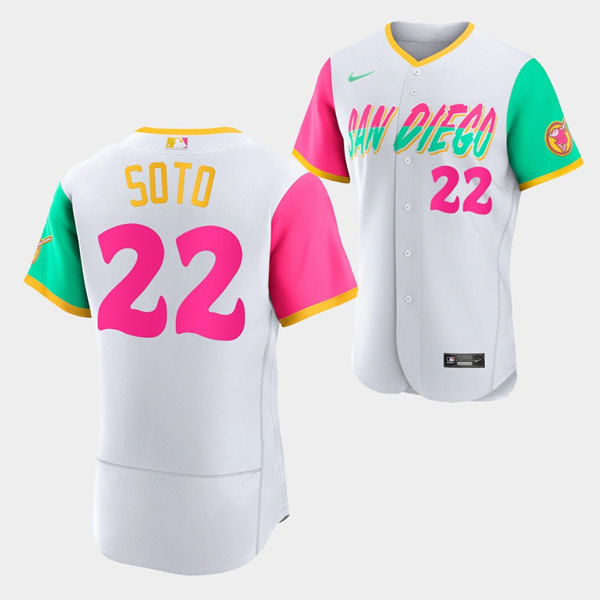Men's San Diego Padres #22 Juan Soto 2022 White City Connect Flex Base Stitched Baseball Jersey Men's San Diego Padres #22 Juan Soto 2022 White City Connect Flex Base Stitched Baseball Jersey